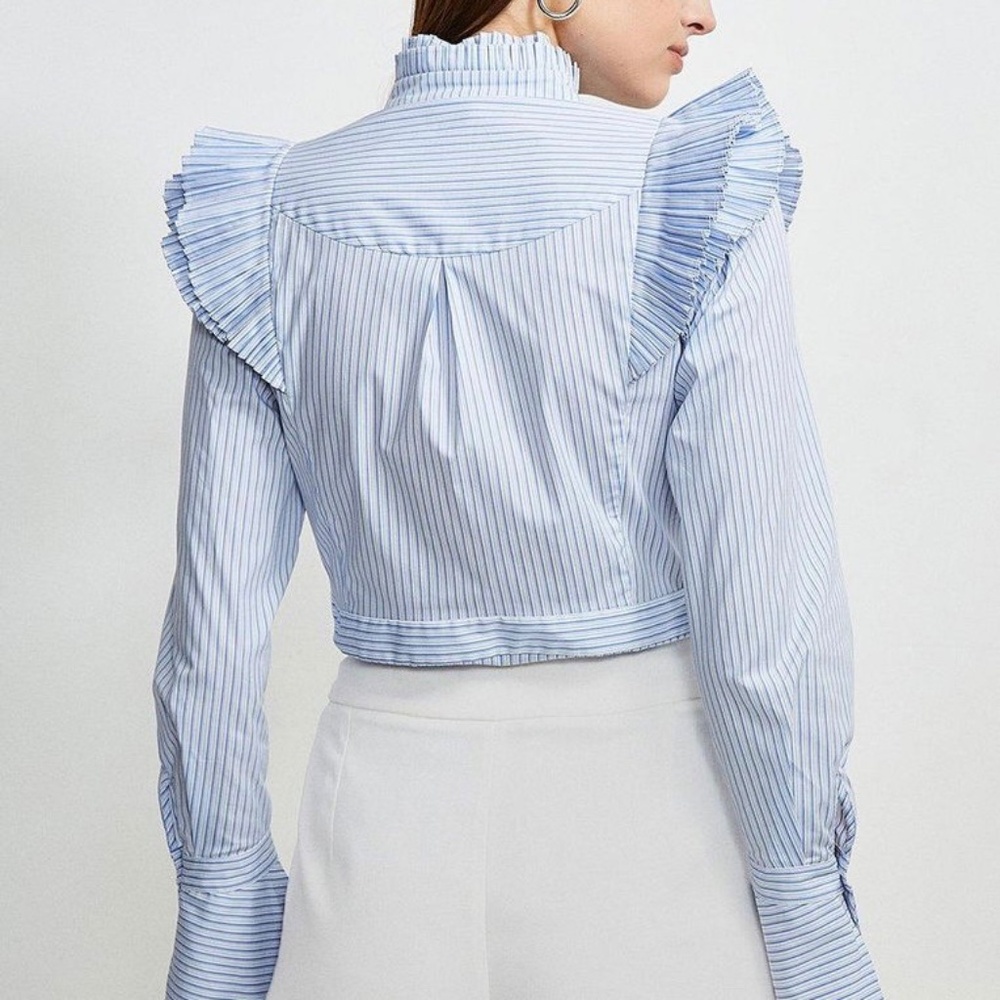 Karen Millen Pleated Striped Ruffle US 6/UK 10 Long Sleeve Button Up Shirt NWOT - Picture 2 of 12